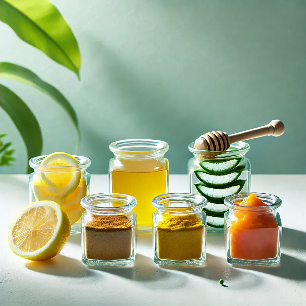 Five glass jars neatly arranged on a white counter, each containing a natural skincare ingredient_ lemon slices, turmeric powder, honey, aloe gel, and