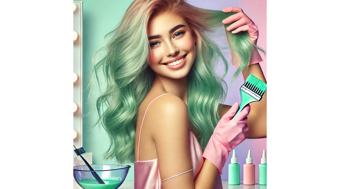 A young woman with freshly dyed mint green hair, styled in soft waves, smiling confidently. She is playfully tossing her hair to showcase the vibrant