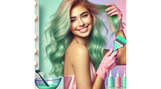 A young woman with freshly dyed mint green hair, styled in soft waves, smiling confidently. She is playfully tossing her hair to showcase the vibrant