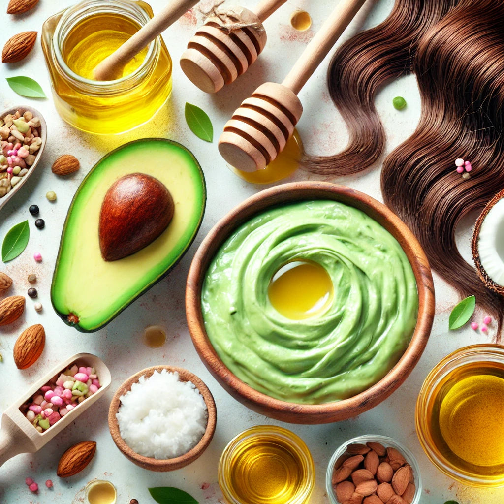 A visually appealing cover image for a blog post about 'Avocado Hair Mask DIY'. The image features a fresh avocado split in half, showcasing its cream