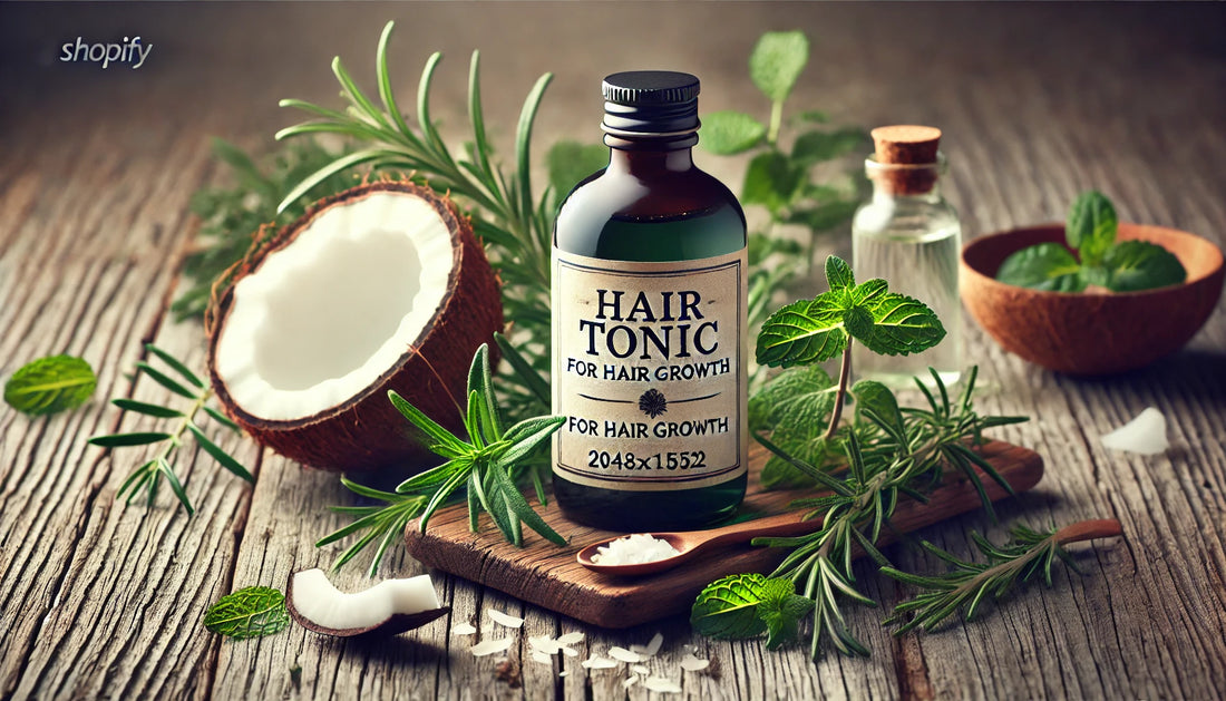 cover image for an article about hair tonic for hair growth, featuring a natural theme. The image displays a bottle of hair toni